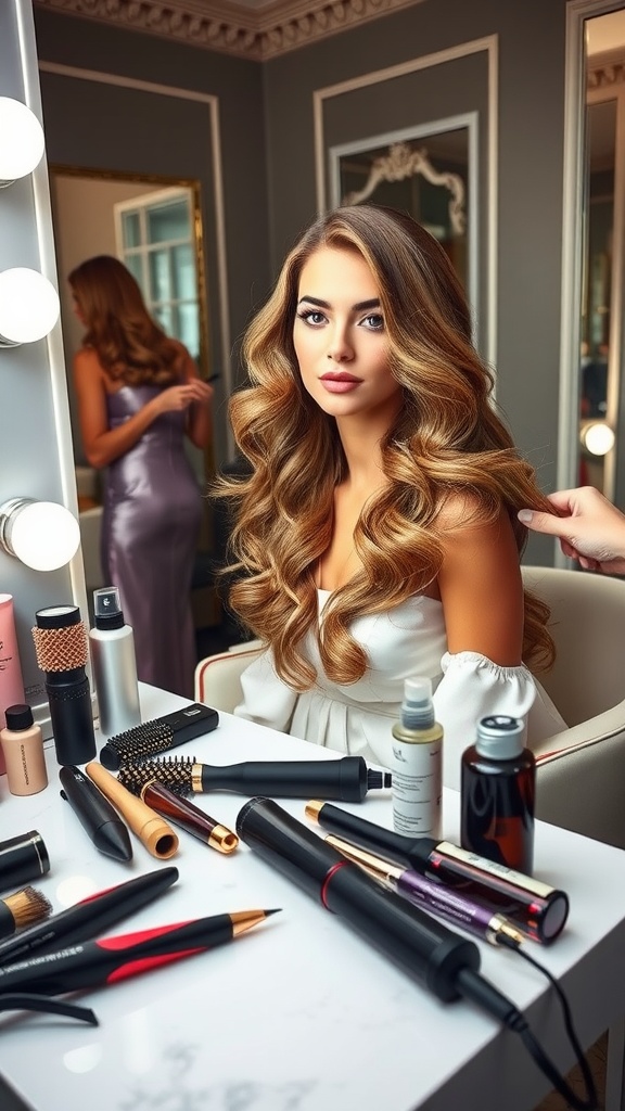 A model with glamorous Hollywood waves being styled at a chic vanity with hair tools.
